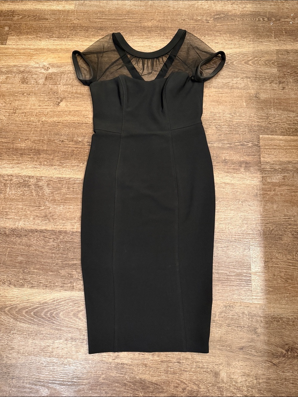 Maggy London Black Sheer-Yoke Midi Sheath Dress